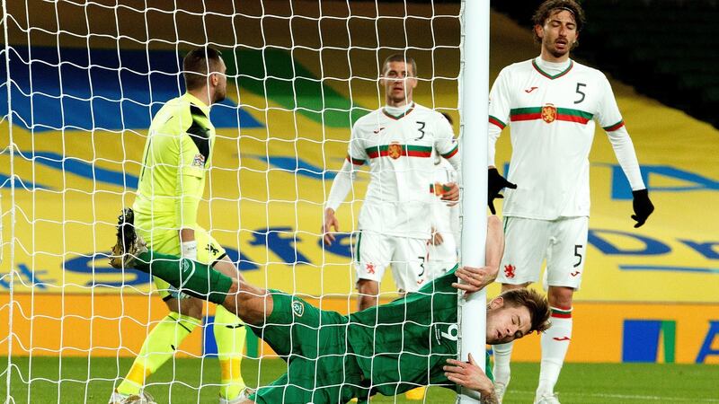 James Collins collides with the post after an attempt on goal during the Uefa Nations League game against Bulgaria at the  Aviva Stadium. Photograph: James Crombie/Inpho