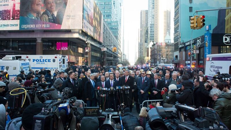 New York  governor Andrew Cuomo and mayor Bill de Blasio at a press conference after police responded to an explosion at the Port Authority bus terminal in New York on Monday. Photograph:   Bryan R Smith/AFP/Getty Images