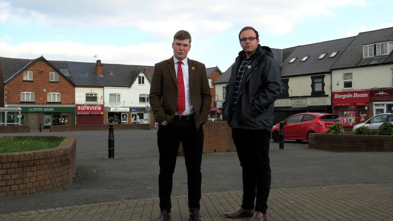 Labour’s Cameron Mitchell  and Ashley Taylor in Shirebrook. Photograph: Jennifer O’Connell