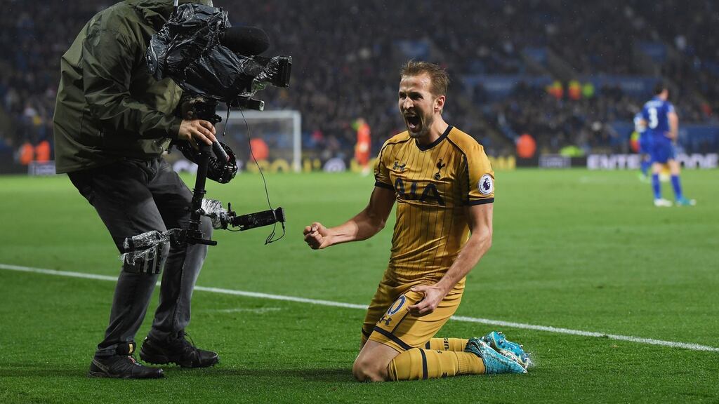 Harry Kane of Tottenham Hotspur celebrates his third goal at The King Power Stadium in Leicester. Photograph: Laurence Griffiths/Getty Images