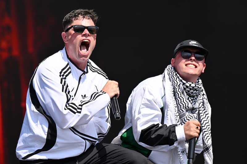 Móglaí Bap and Mo Chara of Kneecap during their Glastonbury set. Photograph: Leon Neal/Getty