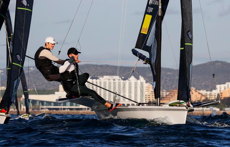 Robert Dickson and Sean Waddilove in the 49er European Championship, in Vilamoura, Portugal, last November. Photograph: ©INPHO/Oceansport/David Branigan