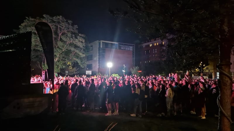 Crowds gather at Gardiner/Sean MacDermott Street in Dublin 1 to watch Kellie Harrington in the women's 60kg final at the 2024 Paris Olympic games.