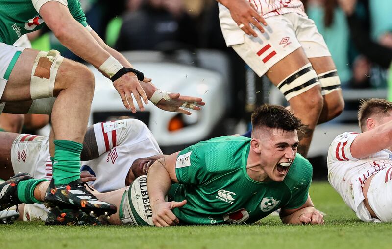 Ireland’s Dan Sheehan celebrates scoring their first try. Photograph: Billy Stickland/Inpho