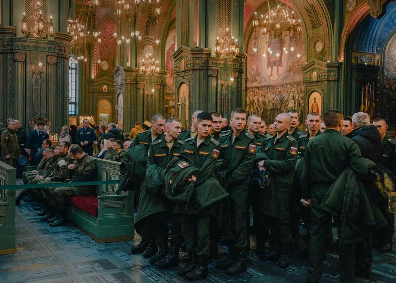 Conscripts at the Cathedral of the Russian Armed Forces dedicated to 'the military feats of the Russian people', in Moscow, January 16th, 2023. Photograph: Nanna Heitmann/The New York Times 
