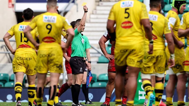 Toulouse’s Rynhardt Elstadt receives a yellow card from referee Luke Pearce. Photograph: Dan Sheridan/Inpho