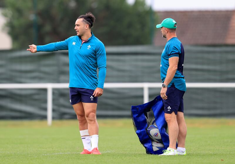 Mike Catt with James Lowe during an Ireland team training session, the Leinster wing has the 'X-Factor'. Photograph: Dan Sheridan/Inpho