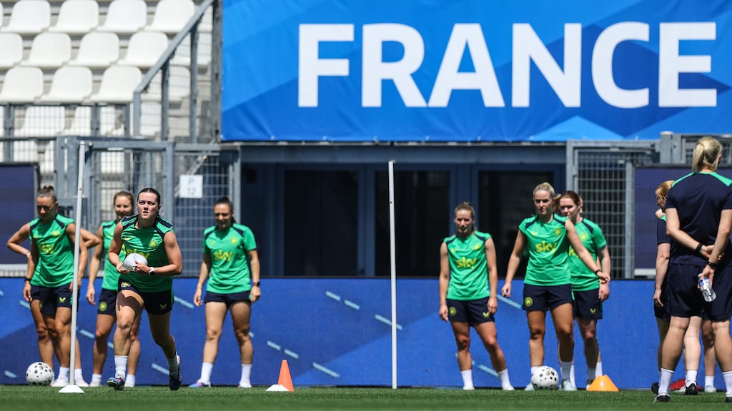 The Republic of Ireland squad in training at the Stade des Alpes, Grenoble on Monday ahead of this evening's World Cup qualifying game against France. Photograph: Ben Brady/Inpho