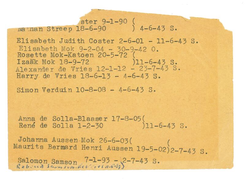 The tiny, yellowing piece of paper left to the authoir by her father, folded into one of his favourite books by Paul Celan, an old Red Cross typed list of those close to him who had been murdered.