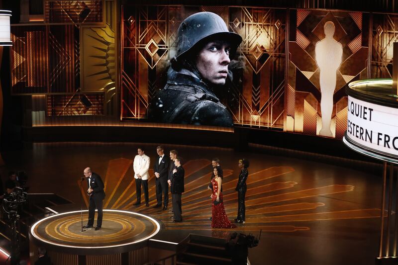 Edward Berger speaks after winning the Oscar for best international feature film for All Quiet on the Western Front. Photograph: Etienne Laurent/EPA