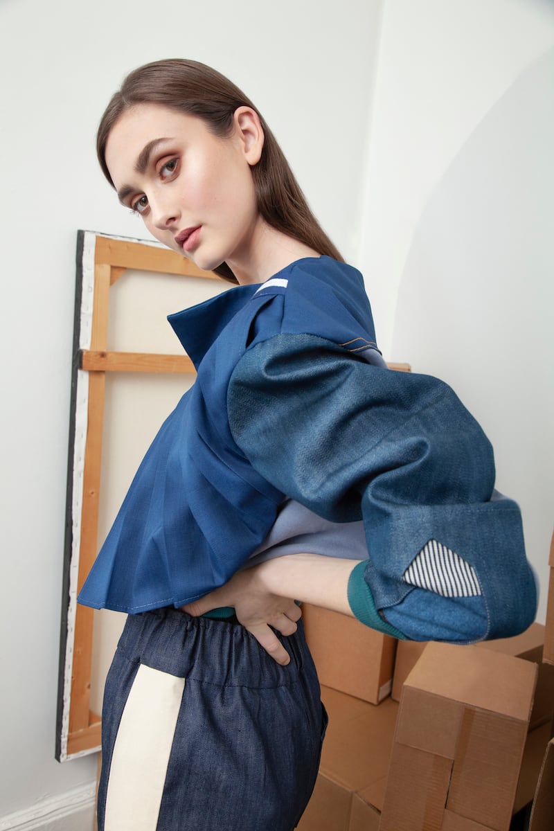 Denim and organza jogger with quilted knee and gathered waist, €185 by Orla Langan at Om Diva. Blue denim top €250. Photograph: Lorna Fitzsimons, styling Jan Brierton