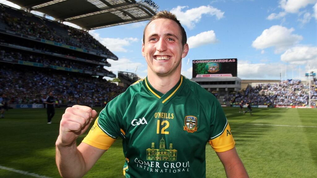 Meath’s Graham Reilly celebrates at the final whistle after the win over Dublin in the Leinster SFC semi-final in June 2010. Photograph: Cathal Noonan/Inpho