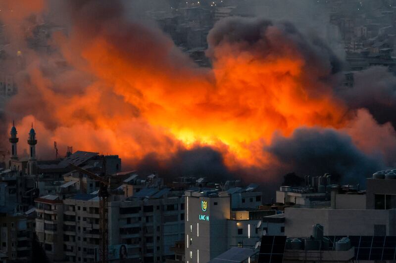 Smoke and flames rise following an Israeli airstrike on Dahieh, a predominantly Shia Muslim suburb in the south of Beirut, Lebanon, March 6th. Photograph: EPA
