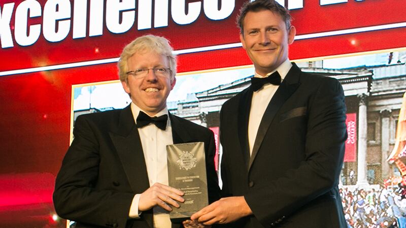 Daniel Saunders, Deputy General Manager, The Clayton Hotel, presents the Best Event award to James Gavin, Grooveyard Event Management