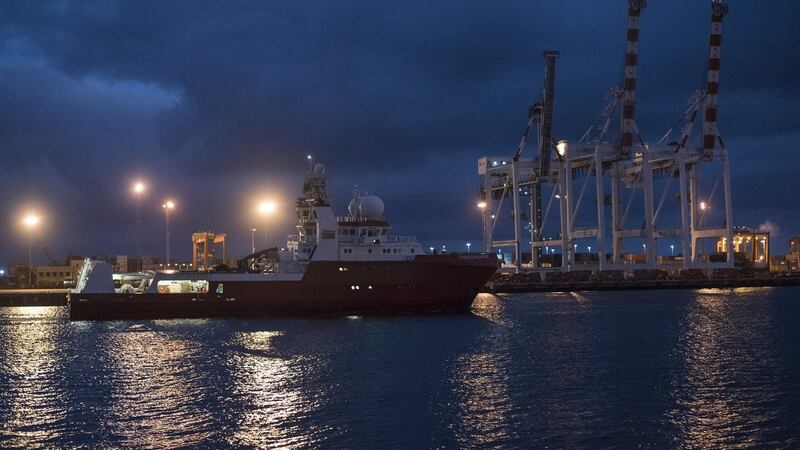 The Fugro Equator arriving back before dawn in Fremantle, Australia, after 43 days at sea searching for the missing Malaysia Airlines Flight 370. Photograph: David Parker/The New York Times
