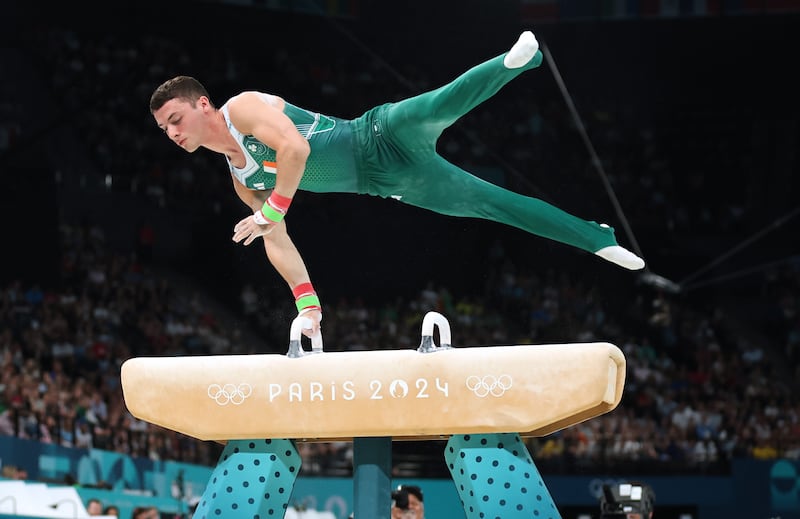 Rhys McClenaghan on his way to winning gold at the 2024 Olympics in Paris. Photograph: James Crombie/INPHO