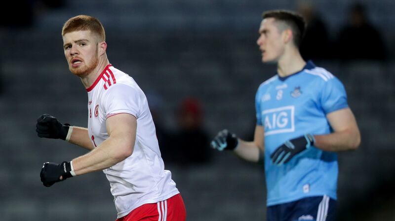 Tyrone’s Cathal McShane celebrates scoring a goal against Dublin. Photograph: Oisin Keniry/Inpho