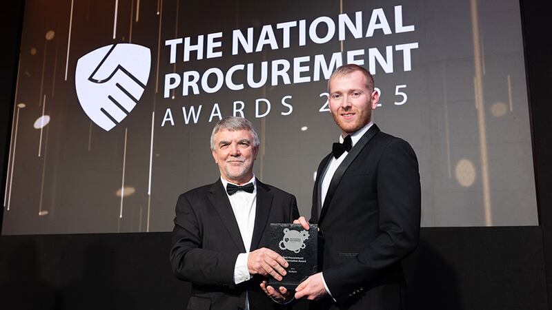 Colum Foley, awards judge, presents the best procurement transformation award to Neil Wall, community director at BusinessRiver on behalf of BioMarin.