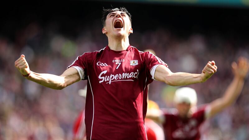 Galway’s Mark Gill celebrates at the final whistle of the  All-Ireland Minor Hurling Championship Final at  Croke Park. Photograph: Ryan Byrne/Inpho