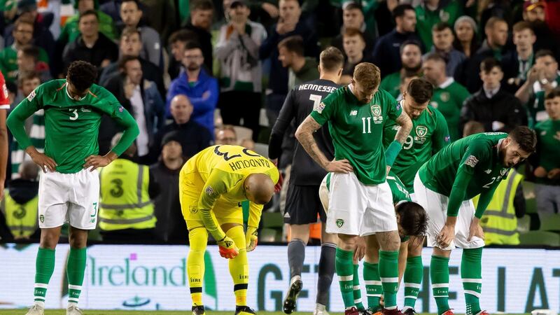 Ireland players dejected at the final whistle of the  Uefa Nations League at the  Aviva stadium. Photograph: Morgan Treacy/Inpho