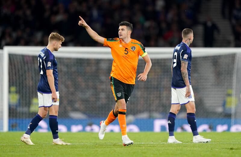 Republic of Ireland's John Egan celebrates scoring the first goal of the game. Photograph: Andrew Milligan/PA