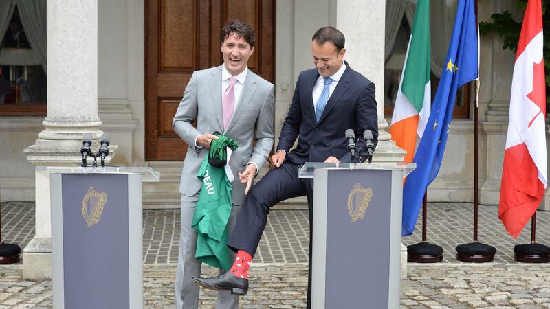 So what?: Leo Varadkar swaps socks with Justin Trudeau, the Canadian PM. Photograph: Dara Mac Dónaill