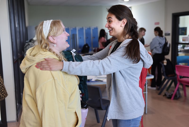 Leaving Cert students Emily Judge (left) and Zuzanna Zoltowska at Belmayne Educate Together Secondary School, Dublin, today.
Photograph: Dara Mac Dónaill