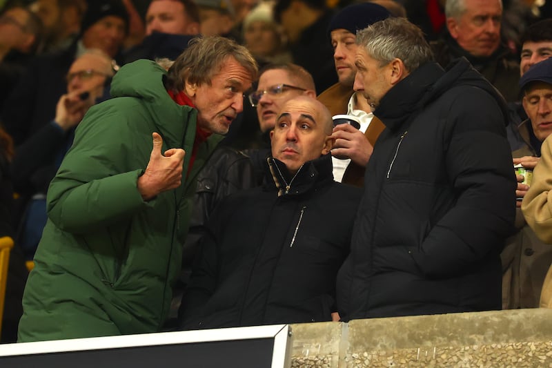 Manchester United co-owner Jim Ratcliffe (left), chief-executive Omar Berrada (middle) and technical director Jason Wilcox (right) look on during the Premier League match between Wolverhampton Wanderers and Manchester United at Molineux on December 8th, 2025. Photograph: Chris Brunskill/Fantasista/Getty Images