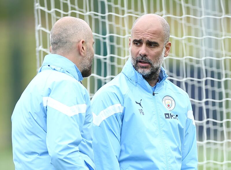 Enzo Maresca speaks to Pep Guardiola at a training session before Manchester City beat Inter Milan in the 2023 Champions League final. Photograph: Adam Vaughan/EPA