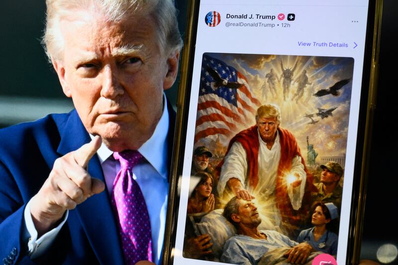  Trump faced backlash when he posted an image of himself as a Jesus-like figure. Photograph: Mandel Ngan/AFP via Getty Images