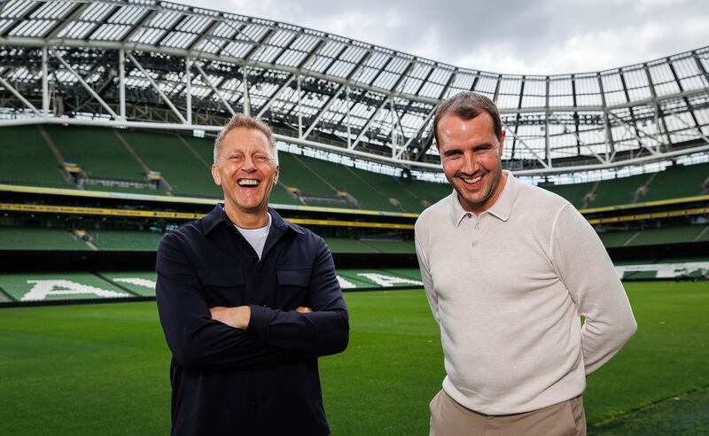 Heimir Hallgrímsson and John O’Shea at the squad announcement. Photograph: Ryan Byrne/Inpho