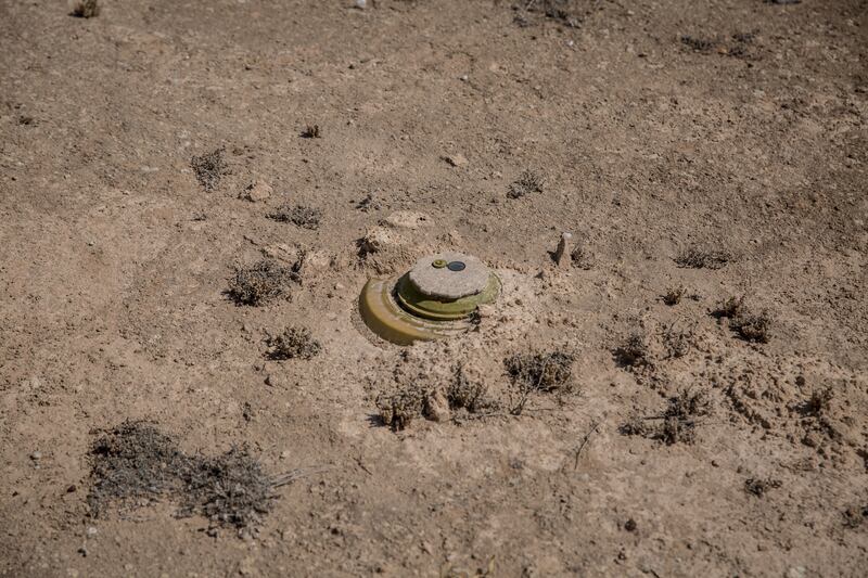 A mine in an Assad regime-era minefield in northern Syria. Photograph: Sally Hayden