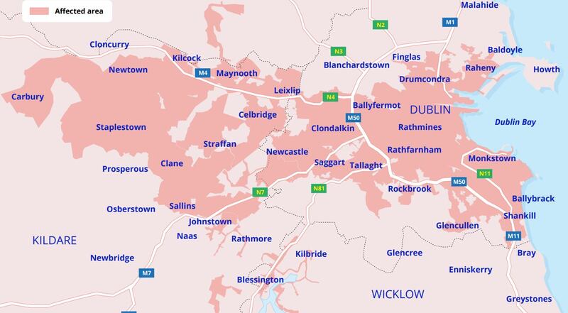 A map of areas that may experience disruption to water supplies this weekend. Photograph: Uisce Éireann