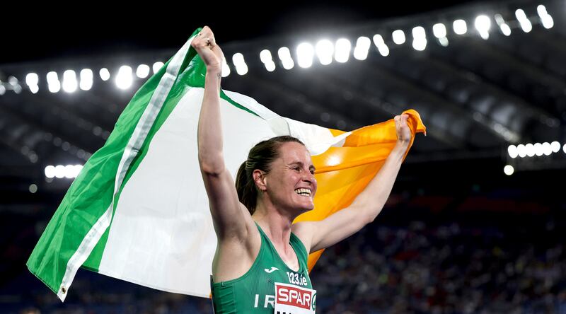 Ciara Mageean celebrates winning the women’s 1500m final at the 2024 European Athletics Championships, Stadio Olympico, Rome. Photograph: Inpho/Morgan Treacy