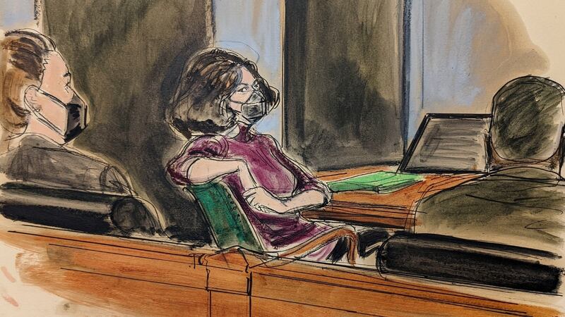 In this courtroom sketch, Ghislaine Maxwell sits in the courtroom during a discussion about a note from the jury, during her sex-trafficking trial in New York. Photograph: Elizabeth Williams/AP Photo
