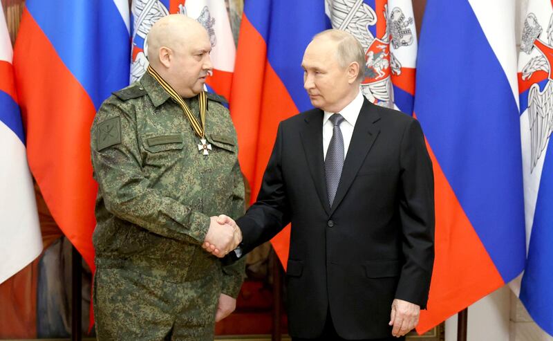 President Vladimir Putin with General Sergei Surovikin. Putin must now decide, officials say, whether he believes that Surovikin helped Prigozhin and how he should respond. Photograph: Mikhail Klimentyev/PA