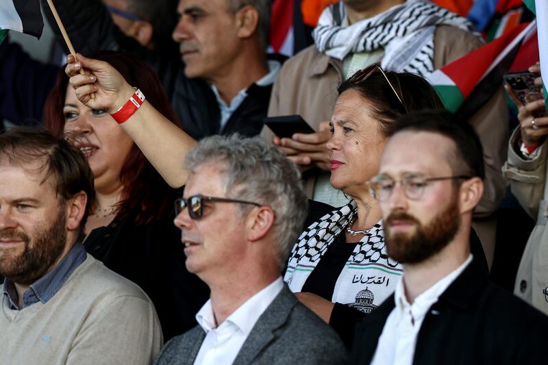 President of Sinn Féin Mary Lou McDonald attending a friendly match between Bohemian FC and the Palestinian Women's National Team last week. Photograph: Ben Brady/Inpho