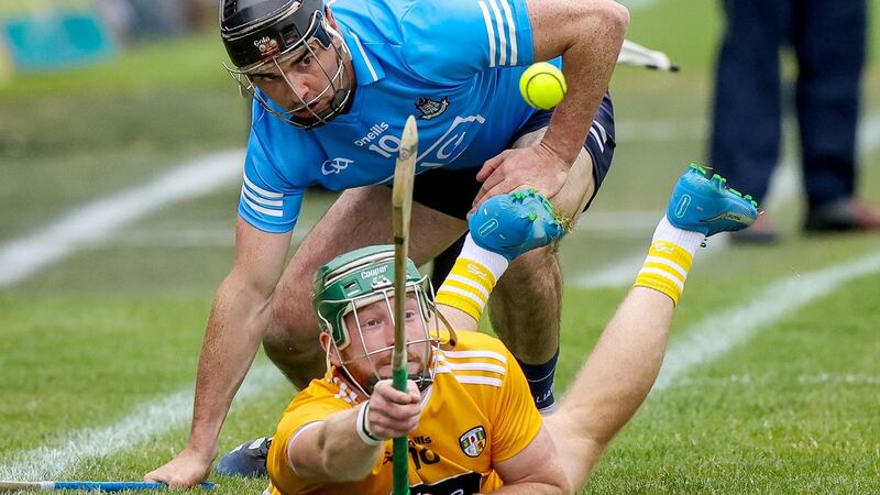 Dublin’s Danny Sutcliffe and Antrim’s Niall McKenna in action during the Leinster quarter-final at  Páirc Tailteann, Navan. Photograph: John McVitty/Inpho