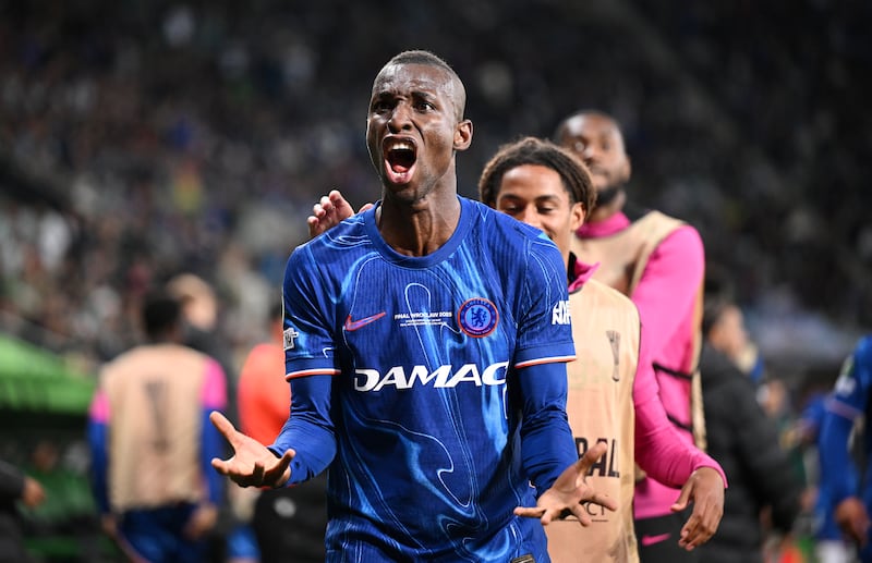 Chelsea's Nicolas Jackson celebrates finding the net for Chelsea against Real Betis in the Conference League final. Photograph: Rafal Oleksiewicz/PA Wire