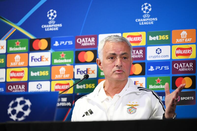 José Mourinho speaking to the media at Stamford Bridge on Monday. Photograph: Alex Broadway/Getty Images
