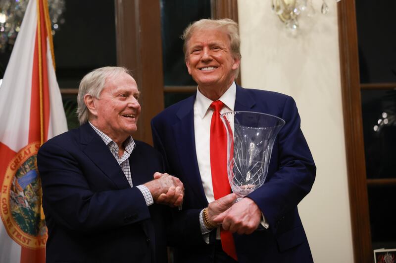 Legendary golfer Jack Nicklaus presents Donald Trump with the 2024 Trump International Golf Club Most Improved Player award last March in West Palm Beach, Florida. Photograph: Joe Raedle/Getty Images