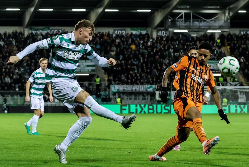 Shamrock Rovers' Danny Grant sends a cross in during last month's match against Shakhtar Donetsk in Tallaght. Photograph: Bryan Keane/Inpho