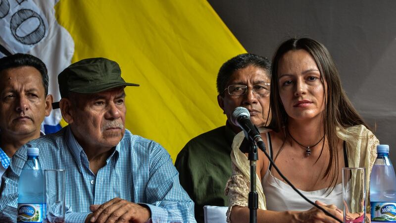 Co-founder of the Farc Miguel Pascuas (2-L) with  guerrilla fighter Tanja Nijmeijer and two commanders in Havana on May 27th, 2014, the 50th anniversary of the group’s foundation. Photograph: Adalberto Roque/AFP/Getty Images