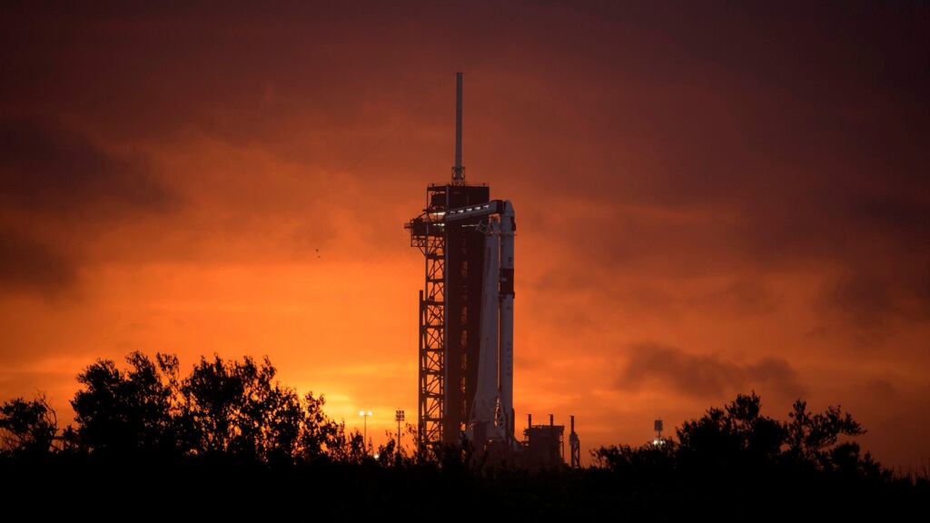 A SpaceX Falcon 9 rocket at the Kennedy Space Center in Cape Canaveral, Florida, earlier this week. Photograph: New York Times Service