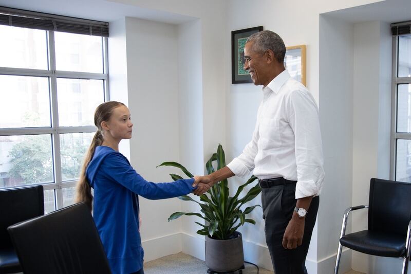 Greta Thunberg meets with former US president Barack Obama in Washington. Photograph: The Obama Foundation Handout/EPA