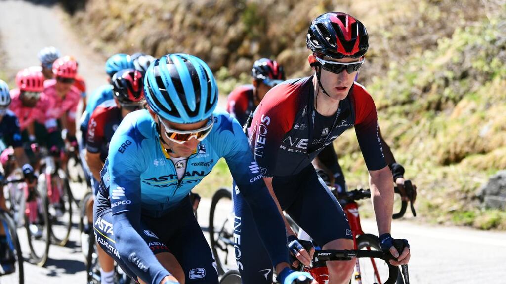 Ireland’s  Eddie Dunbar of Team Ineos Grenadiers (right) in action during stage two of the  45th Tour of the Alps  from  Primiero to S. Martino di Castrozza. Photograph: Tim de Waele/Getty Images