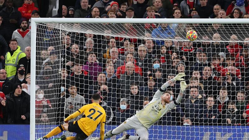 Bruno Fernandes hits the crossbar during Manchester United’s defeat to Wolves. Photograph: Clive Brunskill/Getty