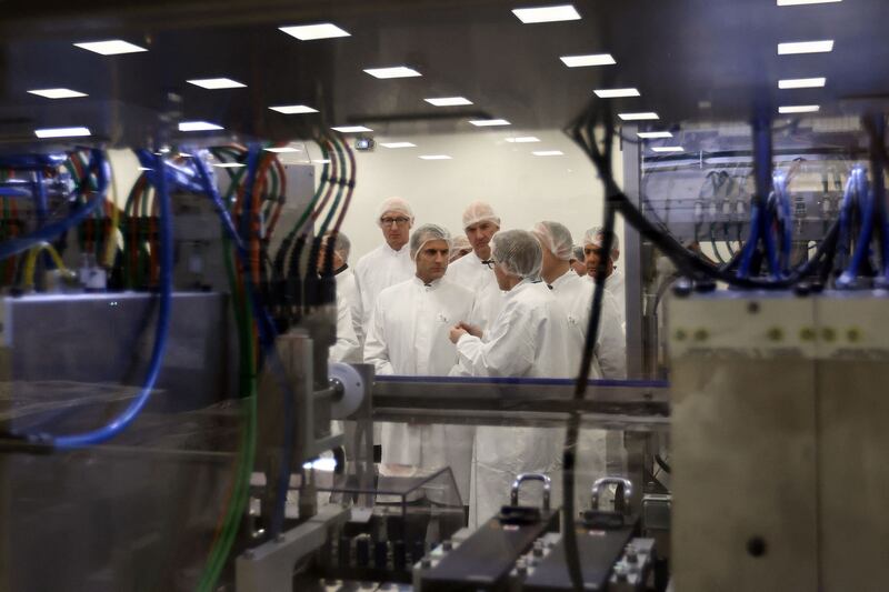 French president Emmanuel Macron visiting Danish multinational pharmaceutical company Novo Nordisk in Chartres last month. Novo Nordisk manufactures an anti-obesity drug. Photograph: Mohammed  Badra/AFP via Getty Images
