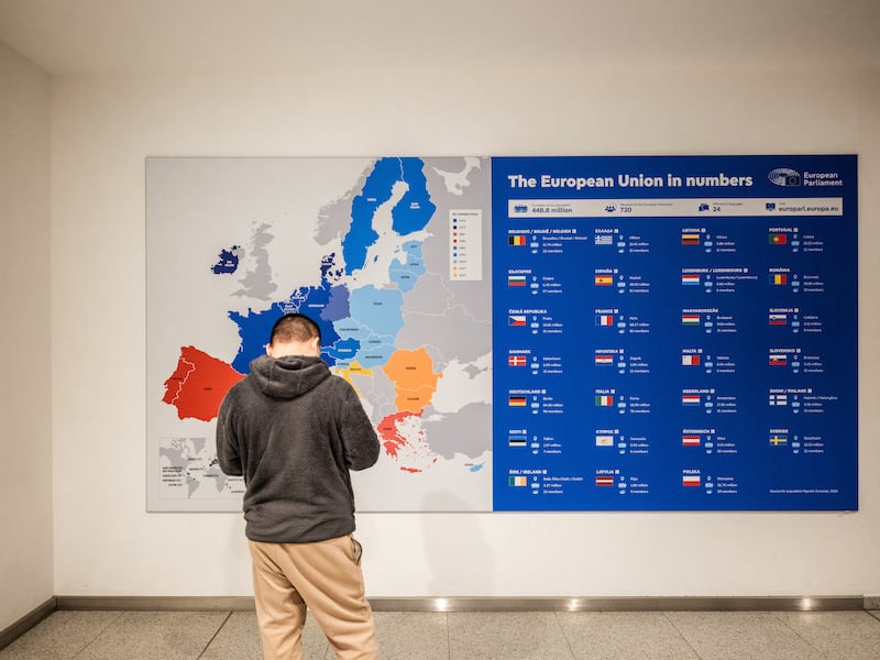 A map of Europe and a list of European Union member states at the European Parliament in Brussels. Photograph: JC Milhet/Hans Lucas/AFP via Getty Images