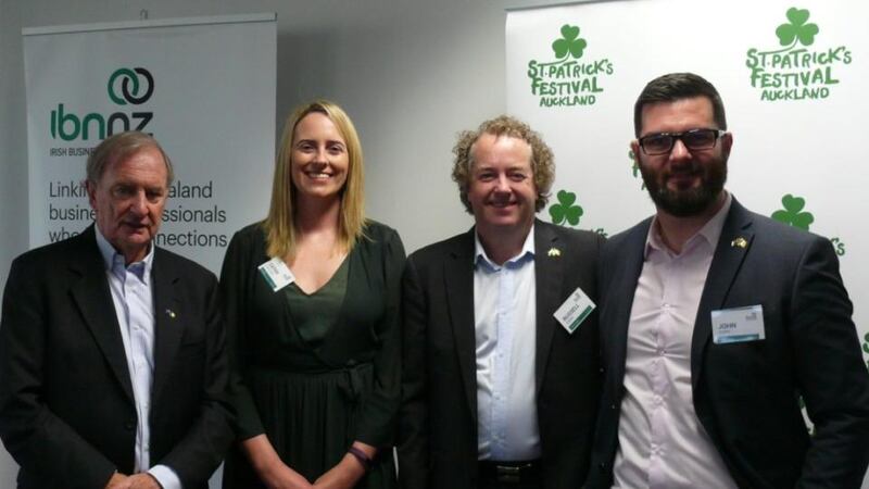 John (far left) in with Rodney Walshe (former Consul General for Ireland in NZ), Cathy O’Sullivan (chair of Irish Business Network NZ), Russell O’Brien (chair of St Patrick’s Festival Trust, NZ) at Minister Patrick O’Donovan’s recent visit.